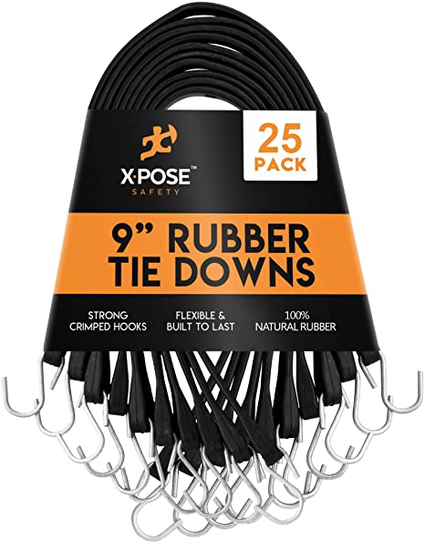 Rubber Bungee Cords with Hooks 25 Pack 9 Inch (18” Max Stretch) Heavy-Duty Black Tie Down Straps for Outdoor, Tarp Covers, Canvas Canopies, Motorcycle, and Cargo - by Xpose Safety