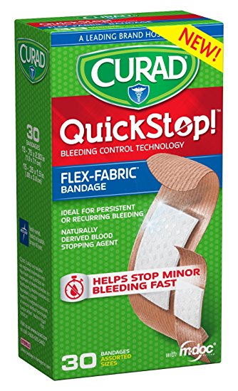 Curad Quickstop Instant Clotting Technology Flex-Fabric Bandages, Assorted Size, 30 Count