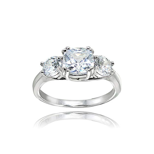 Sterling Silver Cubic Zirconia Cushion Cut Three-Stone Royal Engagement Wedding Ring