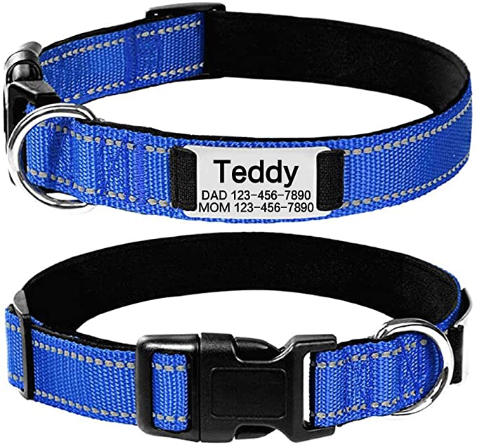 Personalized Dog Collar with Name Plate, No Noise Custom Engraved Pet ID Tags, Reflective Collars Training for Small Medium Large Dogs