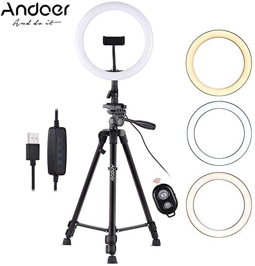 Andoer 10inch LED Ring Light with Tripod Stand Phone Holder Remote Shutter 2800K-5700K Dimmable 3 Colors Light for Live Streaming Makeup Photography Camera Video Lighting