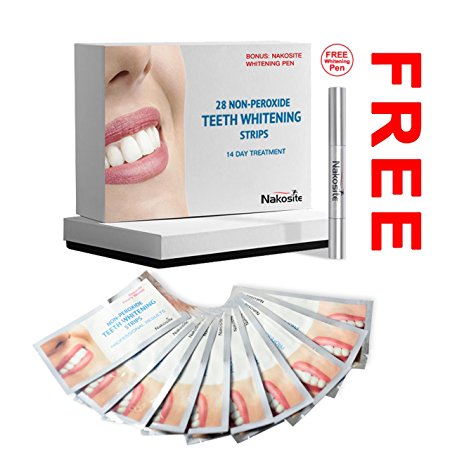 Nakosite Best Grade Teeth Whitening Strips plus BONUS FREE Whitening Pen and Teeth Shade Guide. 100% Moneyback Guarantee. Strips and Pen contain NATURAL ingredients with ZERO Hydrogen Peroxide. Advanced Non-Slip Technology. Pack of 28 strips for a 14 Day Course. UK, EU and USA approved. Safe for Sensitive Teeth. Proven 30 Minute Treatment. Easy for HOME or Professional use. Have a White Smile!