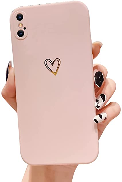 Ownest Compatible with iPhone X Case,iPhone Xs Case for Soft Liquid Silicone Gold Heart Pattern Slim Protective Shockproof Case for Women Girls for iPhone X/XS Case-Pink