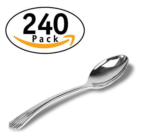 DecorRack 240 Silver Plastic Spoons, Fancy Plastic Silverware Set - BPA FREE - Disposable Heavy Duty Plastic Spoons with Stylish Silver Finish, Perfect for Catering Event, Party, Wedding (240 Pack)
