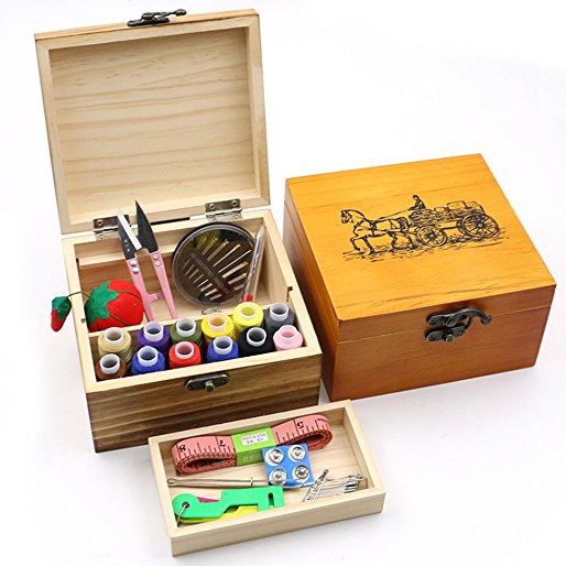 HaloVa Wooden Sewing Box, Sewing Kit with Wooden Box, Sewing Supplies with Scissors, Thimble, Thread, Needles, Tape Measure, Storage Box and Accessories, Great for Kids, Travel, Emergency, Carriage