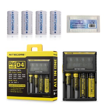 Bundle Nitecore D4 Battery Charger 2015 New Version with 4PCs 700mAh 16340 EASTSHINE E07 RCR123A Li-ion Batteries EB182 Battery Case Car Adapter