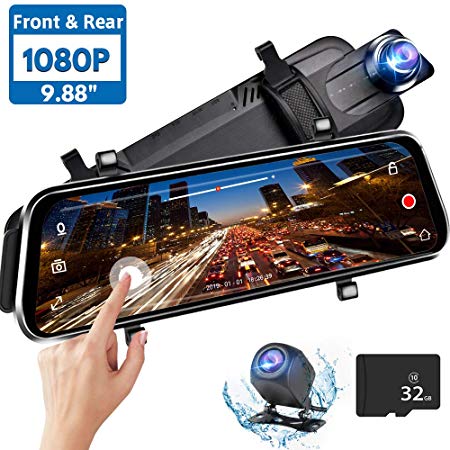 Directtyteam Mirror Dash Cam Backup Camera,1080P HD 9.88" Full Touch Screen Car Rear View Mirror Camera Dual Lens Front Rear Dashcam Video Recorder Parking Monitor,Night Vision Waterproof Rearview
