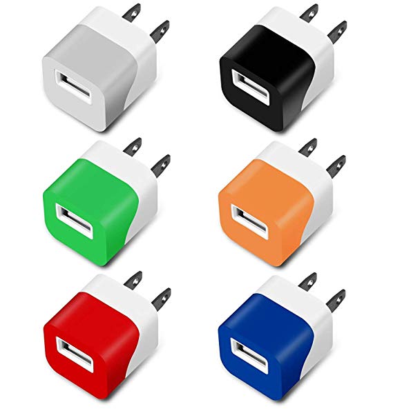 Charger, 5W 1A Certified Mini USB Universal Matte Portable Travel Power Adapter High Speed 1.0A Output for Apple iPhone Samsung HTC LG iPod Nokia (Colorful-6 Pack)