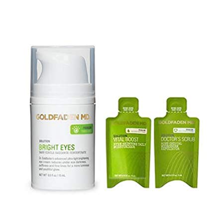 Goldfaden MD Bright Eyes - Dark Circle Radiance Complex (15 ml) with trial size Goldfaden Vital Boost (0.17 fl oz) and Goldfaden Doctor's Scrub (0.17 fl oz) (3 piece set)