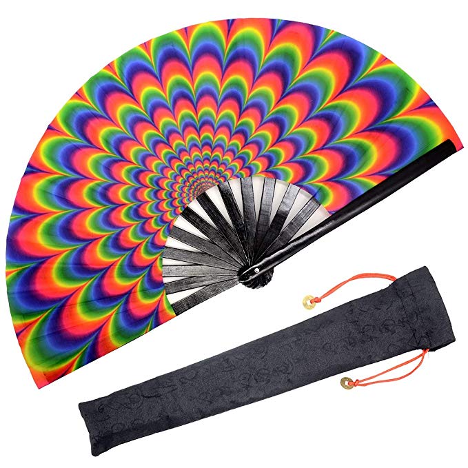 OMyTea Bamboo Large Rave Folding Hand Fan for Men/Women - Chinese Japanese Handheld Fan with Fabric Case - for Electronic Dance Music Festival Party, Performance, Decorations, Gift (Trippy)