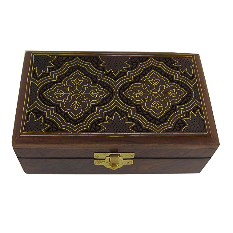 Wooden Jewelry Box Islamic Art Hand Craving and Inlay 6x3.3x2.25 Inches