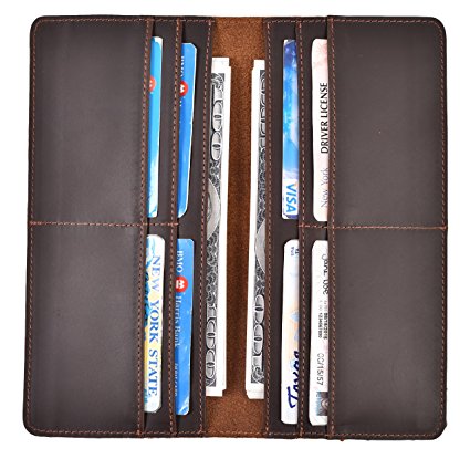 Easyoulife Men's Long Bifold Wallet Vintage Full Grain Genuine Leather Thin Wallet