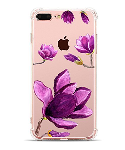 [UPGRADED] iPhone 8 Plus Case, Clear iPhone 7 Plus Case, Hepix Purple Magnolia Watercolor Flower Floral Print Soft Flexible TPU Back Cover[5.5 inch]