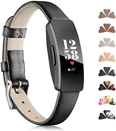 Maledan Band Compatible with Fitbit Inspire HR and Inspire Bands and Ace 2, Classic Genuine Leather Wristband with Metal Connectors Soft Replacement Accessories Strap for Women Men, Small Large