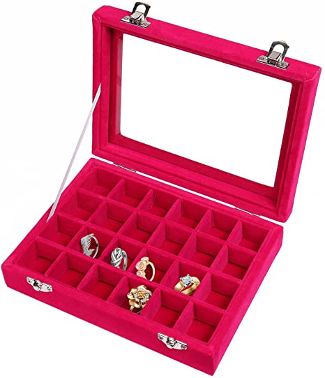 Meshela 24 Section Velvet Glass Jewelry Ring Display Organiser Case Tray Holder Earrings Storage Box（Hot Pink）