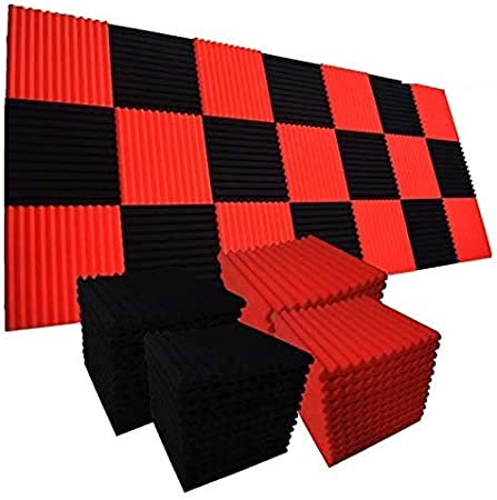 52 Pack Acoustic Foam Panels,1" x 12" x 12" Acoustic Wedge Studio Foam Sound Absorption Wall Panels (BLACK/RED)