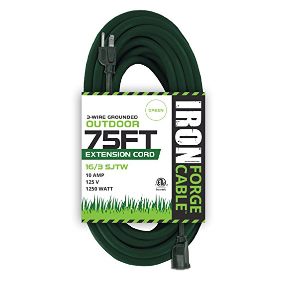 75 Foot Outdoor Extension Cord - 16/3 SJTW Durable Green Extension Cable with 3 Prong Grounded Plug for Safety - Great for Garden and Major Appliances