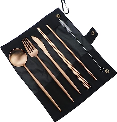 Gugrida Luxury Rose Gold Matte Portable 18/10 Stainless Steel Travel Flatware Sets of 7 Portable Camping Cutlery Set, Healthy & Eco-Friendly Flatware Set with Carrying Case for Travel or Camping
