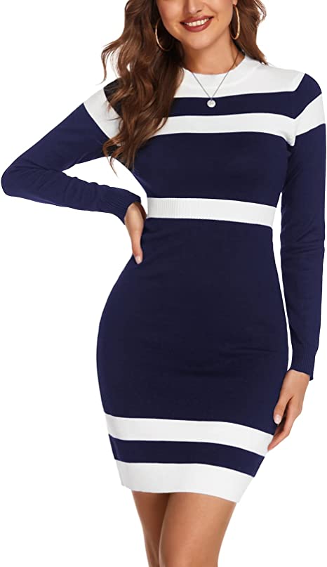 Beyove Women's Sweater Bodycon Dress Colorblock Striped Long Sleeve Slim Fit Knit Sweater Dress XS-XXL