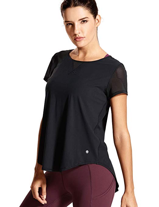 CRZ YOGA Women's Mesh Short Sleeve Moisture Wicking See Through Bonded Hem Cropped Sport Shirts