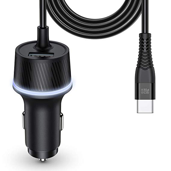 USB C Car Charger, Power Delivery Car Adapter with Fast Charging Type C Cable Supporting QC3.0 Car Charger Compatible with iPhone Xs Max/XR/X/8 Galaxy S8/S9 Note 9, Pixel 3/2/XL by Ainope （Black）