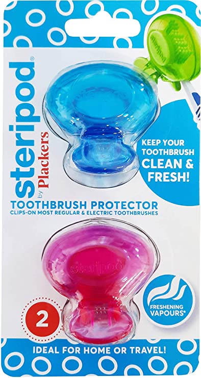 Steripod Clip-On Toothbrush Protector, Blue/Green Or Pink/Blue Or Red/Orange, 2 Count