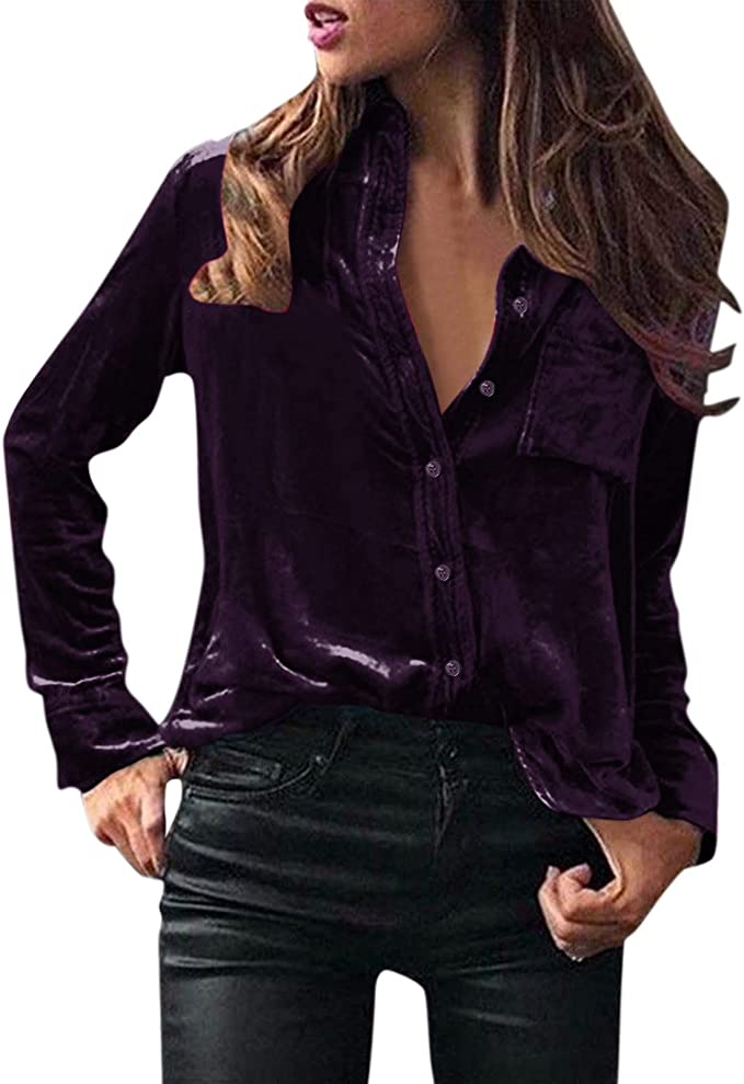 Hatop Women's Retro Velvet Shirts Casual Fashion Long Sleeve Button Down Shirt Solid Color Blouse Tunic Tops