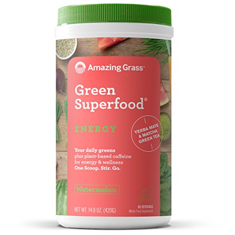 Amazing Grass Green Superfood, Energy Watermelon, Powder, 60 Servings, 14.8oz, Matcha Green Tea, Yerba Mate, Wheat Grass, Spirulina, Alfalfa, Acai, Greens, Vegan, Vitamin K, Probiotic