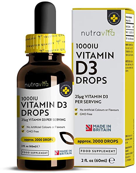 Vitamin D 1000IU per Drop | 2000 Drops per Bottle (1000IU per Drop) | Supports Healthy Bones and Immune System | Vegetarian-Friendly Source of Vitamin D3 Cholecalciferol | Made in The UK by Nutravita