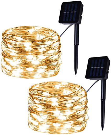 Set of 2 Flexible 100-LED Solar Powered Copper Wire String Lights, Warm White Fairy Lights, 8 Modes Christmas Lights for Outdoor, Room, Party, Garden Decor