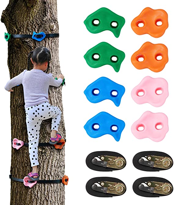 Newtion 8 Ninja Tree Climbing Holds for Kids Adult Climber, Climbing Rocks with 4 Ratchet Straps for Outdoor Ninja Warrior Obstacle Course Training Playground Equipment