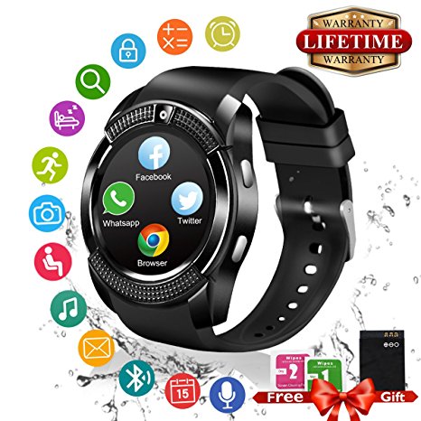 Bluetooth Smart Watch With Camera Touch Screen Smartwatch Phone Unlocked Watch Cell Phone With Sim Card Slot Smart Wrist Watch Pedometer Fitness Tracker For Android Phones Samsung IOS Iphone 7 Plus 6S Iphone 8 Men Women Kids (Black)