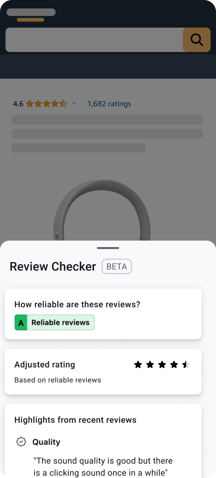 Earphones with 4.6 stars from 1,682 ratings got Adjusted Rating by Review Checker of 4.5 stars with Fakespot Review Grade of A (Reliable Reviews) as shown by the Review Checker Beta sidebar