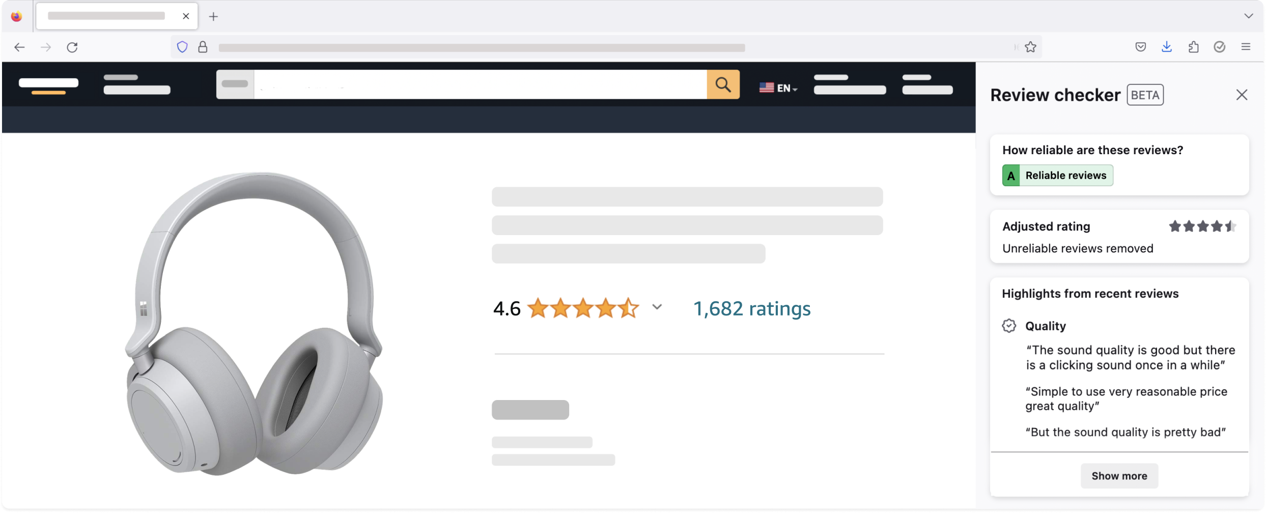 Earphones with 4.6 stars from 1,682 ratings got Adjusted Rating by Review Checker of 4.5 stars with Fakespot Review Grade of A (Reliable Reviews) as shown by the Review Checker Beta sidebar