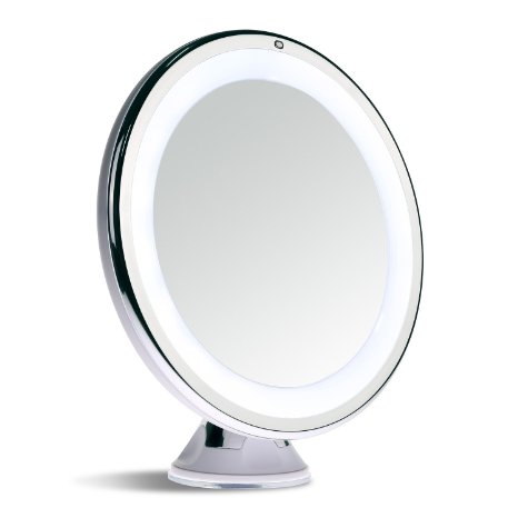 Sanheshun 5X Magnifying Lighted Travel Makeup Mirror,Touch Activated, Locking Suction Mount, Battery Operated, Round