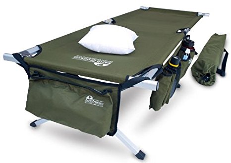Earth Products Jamboree Military Style Folding Cot with Free Side Storage Bag System and Pillow (Green)