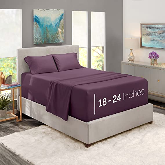 Extra Deep Pocket Fitted Sheet - Super Deep 3 Piece Sheet Set – Deep Pocket Fitted Sheet - Ultra Deep Twin XL Bed Sheet - Bed Sheet - 80 x 39 inches - Fits Deep Pocket Mattress - Purple Eggplant