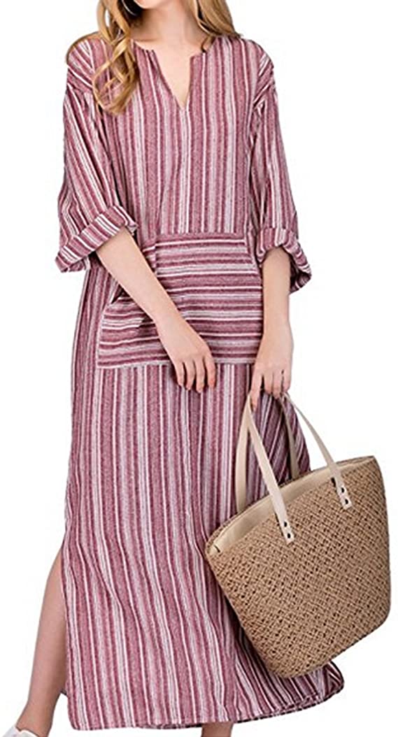 Jacansi Women Summer Stripe Long Sleeve V-Neck Cotton Linen Plus Size Kaftan Dress S-5XL