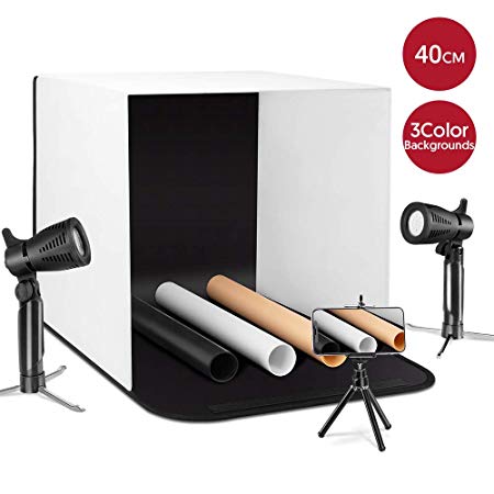 ESDDI Photo Light Box Photography 16"x16"/40x40cm Portable Table Top Lighting Shooting Tent Kit Foldable Cube with 2x20 LED Lights 3 Color Backdrop for Jewellery Product Advertising