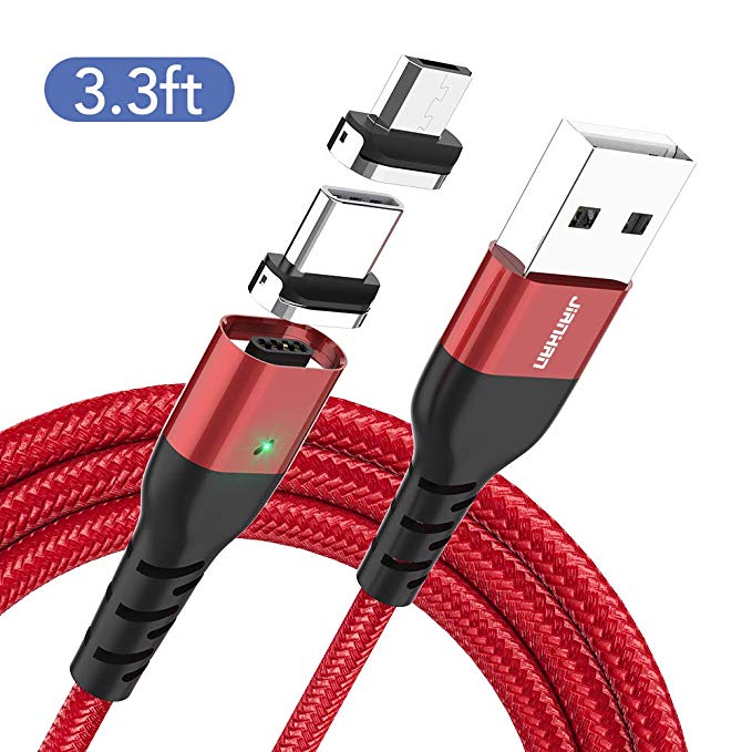 Magnetic Phone Charger Cable,JianHan USB C   Micro USB 2 in 1 Multiple Magnet Charging Cable with LED Light for Samsung Galaxy S10,S9,S9 Plus,S8,S8 Plus,Note 8,Note 9,S7 S6 Edge,LG,Kindle (Red 3.3ft)