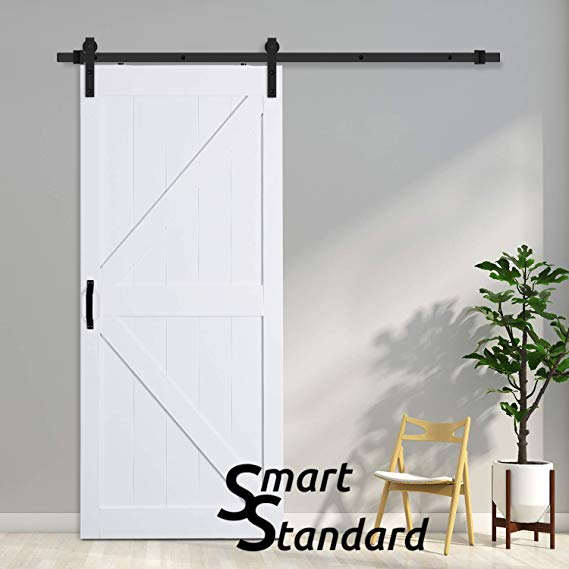 SmartStandard 36in x 84in Unfinished Sliding Barn Door with 6.6ft Barn Door Hardware Kit & Handle, Pre-Drilled -Need to Assemble -Wood Door Slab Covered with Water-Proof PVC Surface, White, K-Frame