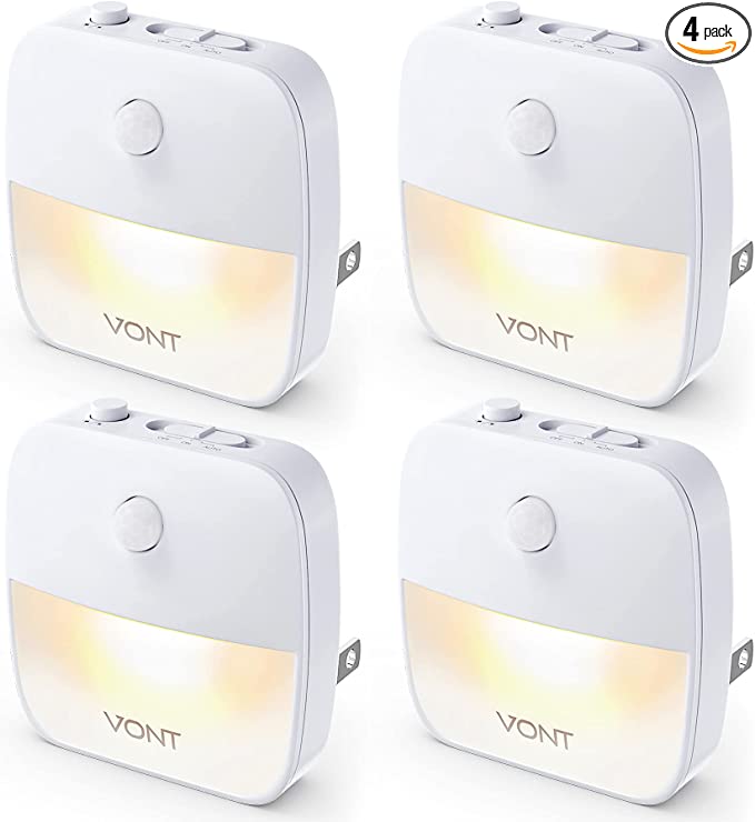 Vont Motion Sensor Night Light [4 Pack], Motion Sensor Lights, Ultra-Smart Auto LED Nightlight with High and Low Modes, Compact & Customizable for Bedroom, Bathroom, Kitchen, Hallway, Stairs