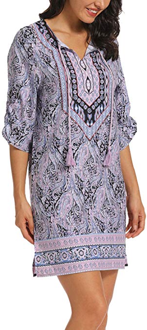 Women Bohemian Neck Tie Vintage Printed Ethnic Style Summer Shift Dress