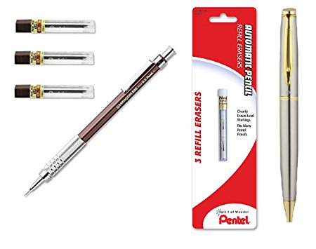 Pentel GraphGear 500 Automatic Drafting Pencil Brown (PG523E) with .3mm Lead Refill and Z21 Eraser Refill (Bundle) with Plexon Pen