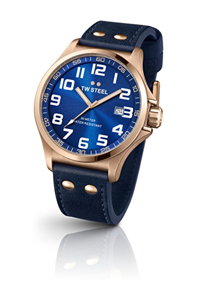 TW Steel Pilot Unisex Quartz Watch with Blue Dial Analogue Display and Blue Leather Strap TW404