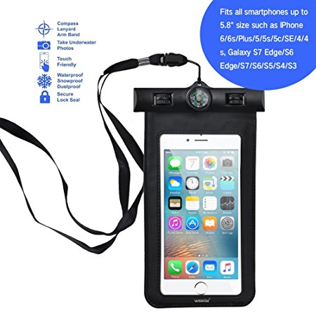 iPhone 7 Waterproof Case, WEKSI Universal Dry Bag With Armband Lanyard Compass for iPhone 7 7 Plus 6 6S 6 Plus 6S Plus, Galaxy S7 Edge S6 Edge S7 S6 S5 S4 S3, Galaxy Note 5 4 3 Black