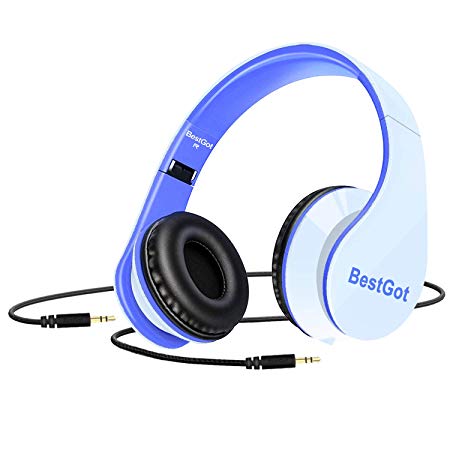 [2019 Upgrade] BestGot Kids Headphones for Kids Adult Foldable Headphones with 3.5mm Plug Removable Cord (White/Blue)
