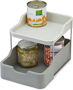 Joseph Joseph Duo 2-tier Cupboard Organiser with Drawer, Kitchen and Storage Organiser for Spices, Packets and Cans, Grey