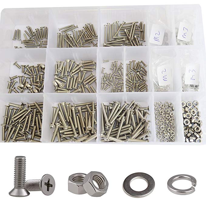 M2 M3 Flat Head Machine Screw Phillips Cross Recessed Metric Threaded Countersunk Bolt Nuts Flat Lock Washer Standard Fastener Hardware Assortment Kit Set 304 Stainless Steel,800Pcs