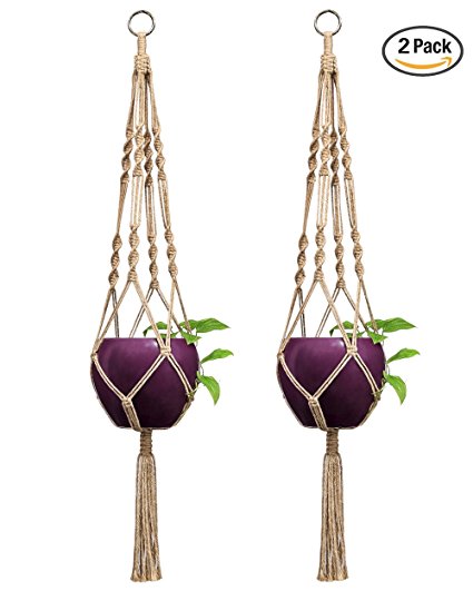 Mkono 2 Pcs Macrame Plant Hanger Indoor Outdoor Hanging Planter Basket Jute Rope 4 Legs 40 Inch